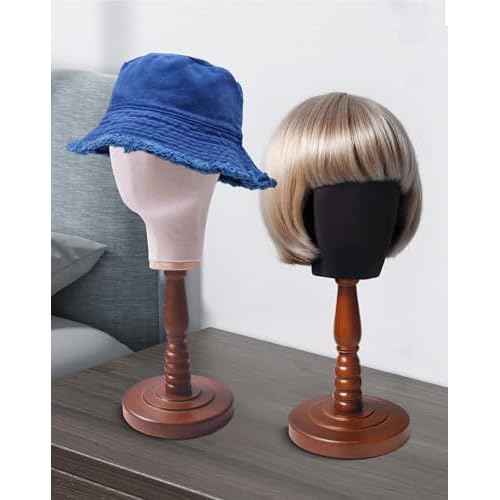UnPinnable Canvas Mannequin Head Wig Head Stand Mannequin Head Hat Display Wig Head Hat Racks Standing Wig Holder Fabric Mannequin Head Stand for Wigs, Hats, Caps, Headdress, Canvas Dome+Wood Base