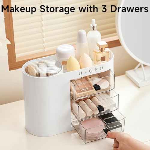Makeup Organizer with Pop-Up Brush Holder for Dresser Vanity, Plastic Bathroom Counter Organizer with 3 Drawers & Dust-Proof Cover, Cosmetic Display Case for Lipstick, Skincare, White