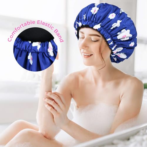 Shower Cap for Women Terry Lined Bath Cap Large Reusable Waterproof Elastic Band Blue Shower Caps for Long Thick Hair Soft Bath Shower Hair Caps