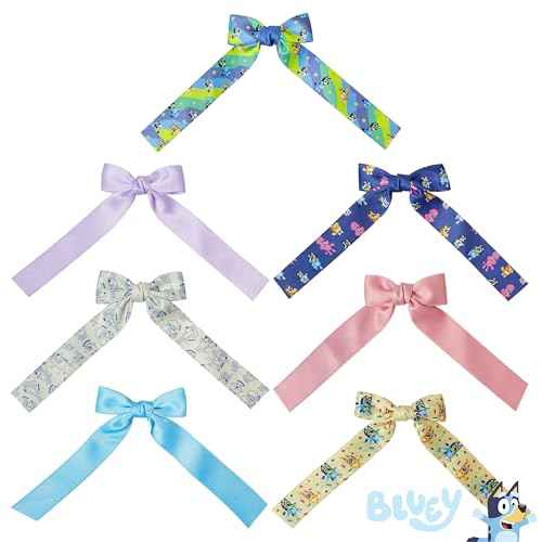 Bluey Printed Long Tail Hair Bow Set for Girls ? 7-Pack Printed Bows with Alligator Clips ? Cute Hair Accessories for Kids Ages 3+