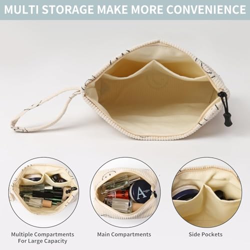 Small Cosmetic Bag set for Women Corduroy Makeup Bag with Interior Pocketes Cute Corduroy Makeup Pouches Women Small Toiletry Bag (Beige Smile)