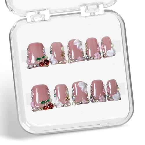Duck Press on Nails Duck Handmade Press on Nails 3D Luxury Rhinestone Cherry and Pearl Acrylic Fake Nails Designs Flower Stick on Nails Full Cover Thickened False Nails for Women Nail Art DIY£¨M)