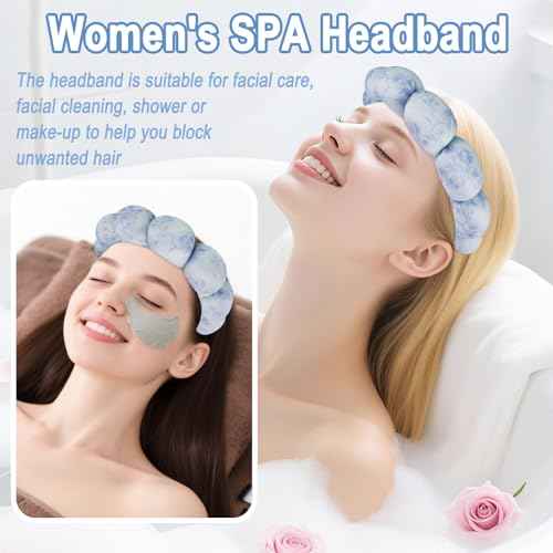 Zkptops Spa Headband for Washing Face Wristband Set Flower Sponge Makeup Skincare Velvet Fabric Bubble Soft Get Ready Hairband for Women Puffy Headwear Non Slip Thick Thin Hair Accessory(Blue Flowers)