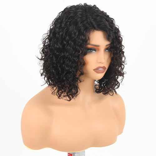 12 Inch Deep Curly Bob Wig Short Curly Human Hair Wigs for Women Jerry Curl Side Part Lace Front Wigs 100% Brazilian Remy Human Hair Wear and Go Glueless Wig 12A Natural Color