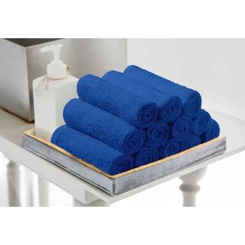 Avalon Towels Cotton Washcloths ? (Pack of 60) Size 12x12 Inches, 100% Ring Spun Cotton, Soft & Absorbent Face Towels, Gym Towels, Hotel and Spa Quality, Reusable Fingertip Towels (Blue)