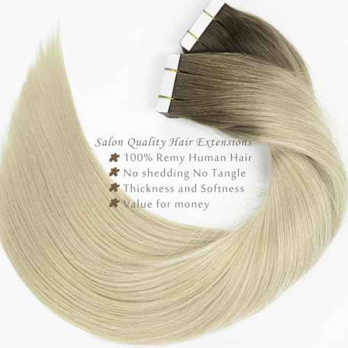 Lacer Natural Tape In Extensions Human Hair Light Ash Brown Roots Light Platinum Blonde Hair Extensions Straight Human Hair Tape In Extensions Skin Weft Tape Extensions Human Hair 16inch 40Pcs 100G