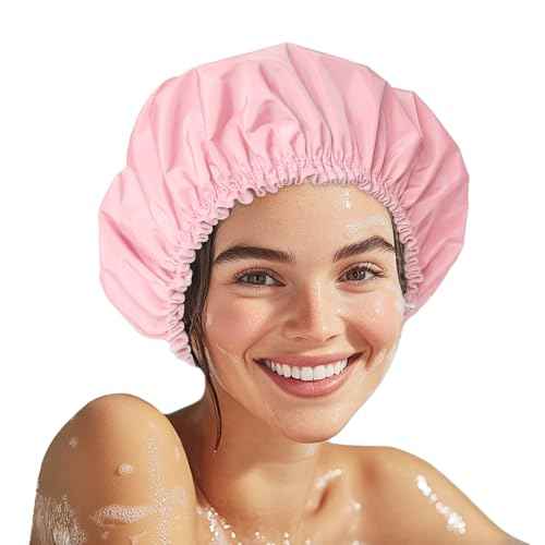 Shower Cap for Women, Double Layer Waterproof Bath Cap, Reusable Hair Protector, Large Waterproof Shower Bonnet Washable Elastic Band Bath Hair Hat for Long Hair, Braids£¬ - Pink