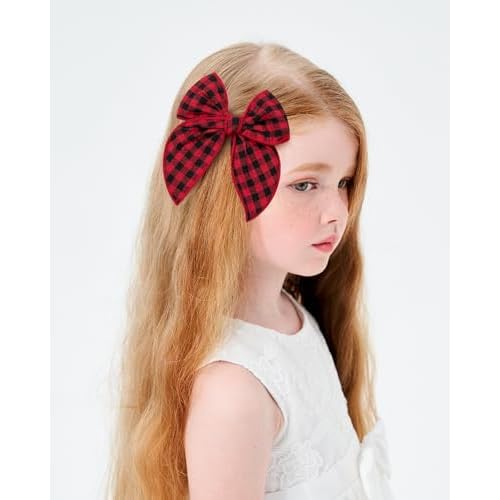 doboi 8PCS 5.5" Christmas Baby Girls Hair Clips Fable Hair Bows Cotton Linen Bows for Girls Gingham Hair Accessories for Baby Toddlers Kids
