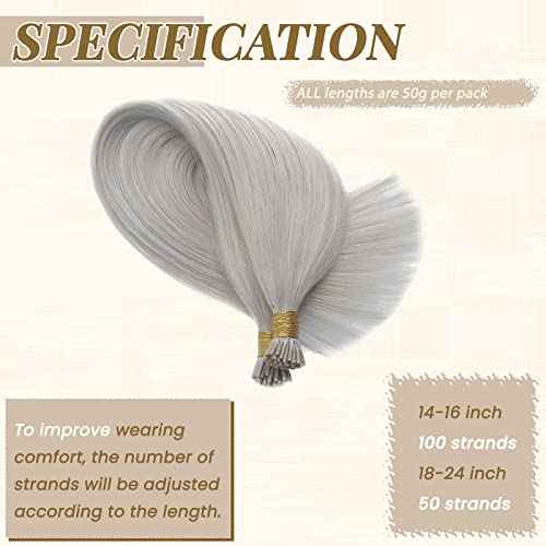 I Tip Hair Extensions Platinum Sliver Human Hair I Tip 100% Real Human Hair Extensions Sliver Silky Straight Extensions I Tips Human Hair Extensions for Women Invisible Cold Fusion Hair