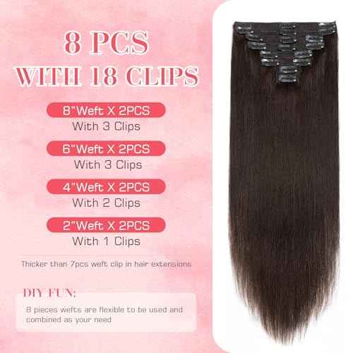 S-noilite 8PCS Clip in Hair Extensions Real Human Hair Dark Brown Clip In Hair Extensions 18 Inch 140g Straight Double Weft #2