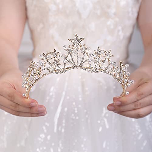 JWICOS Star Rhinestone Princess Crowns for Women and Girls Wedding Bridal Party (Gold)