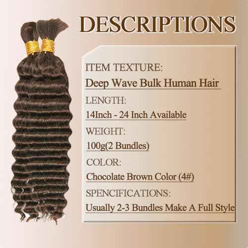 Human Braiding Hair For Braids 24 Inch 100g/2Bundles Deep Wave Bulk Human Hair For Braiding Wet And Wavy Human Hair Extensions For Braids 12A No Weft Deep Wave Bulk Human Hair Chocolate Brown