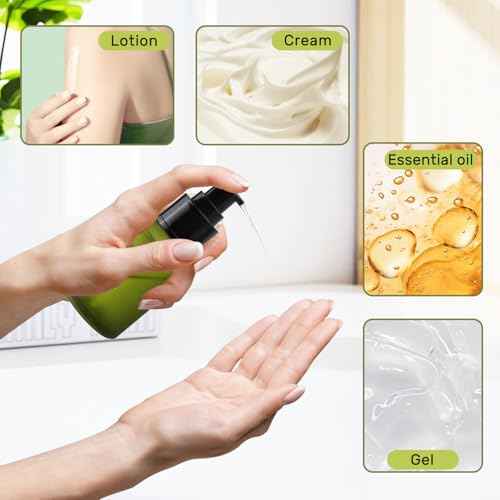 5 Pieces 60ml/2oz Empty Green Glass Lotion Pump Bottles,Refillable Essential Oil Jars with 1 Funnel and 1 Pipette,Cosmetic Sample Containers for Foundation,Cream,Gel,Shampoo