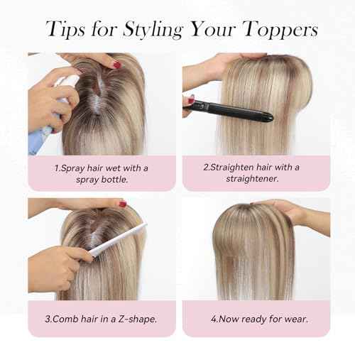 EMMOR 10 Inch Real Human Hair Topper for Women - Upgrade Swiss Lace Base with 3 Non-Slip Clips, 4.5" x 3" Clip in Bangs for Thinning Hair & Natural Hair Loss Coverage(Ombre Blonde & Brown Highlight)