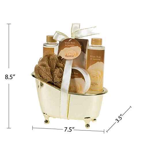 White Rose Jasmine Spa Set For Women in Elegant Gold Tub Includes Shower Gel, Bubble Bath, Body Lotion, Jasmine Bath Salt, Pouf, Award Winning Bath Body Set