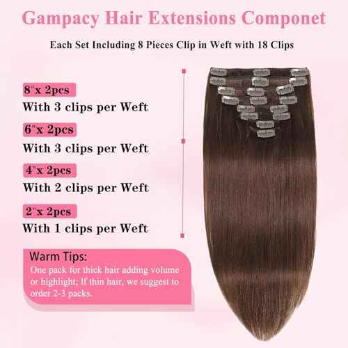 Clip in Hair Extensions Real Human Hair, Seamless Clip ins Real Human Hair for Women, Remy Human Hair Clip in Extensions, Double Weft 8pcs 24 inch Chocolate Brown