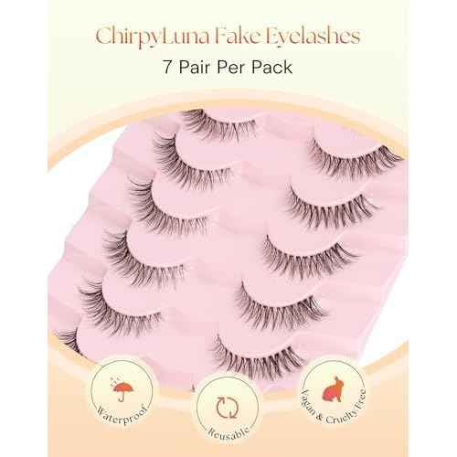 Eyelashes Natural Lashes Cat Eye 12MM Fake Eyelashes Wispy C Curl Lash Strips False Lashes Pack with 0.1MM Clear Band 3D Volume False Eyelash ChirpyLuna 7 Pair