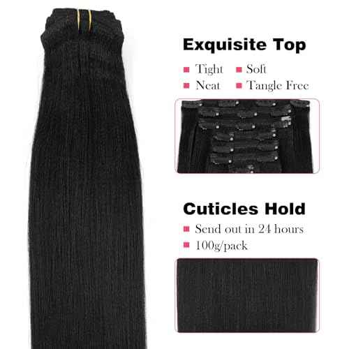 Sassina 20 Inch Yaki Straight Clip in Hair Extensions Virgin Human Hair Jet Black Double Wefts for African American Black Women 7 Pieces 120g with 17 Clips