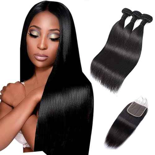JTMMP Human Hair Bundles with Lace Closure Straight Bundles Human Hair 24 22 20+18 inch 5x5 Lace Closure Straight Human Hair Bundles Deals Human Hair for Woman