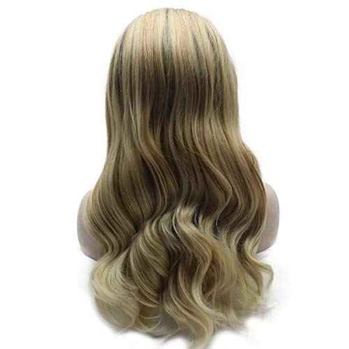 MX angel Long Wavy Ombre Blonde Hand Tied Synthetic Wig Lace Front Heat Resistant Fiber Hair Wig