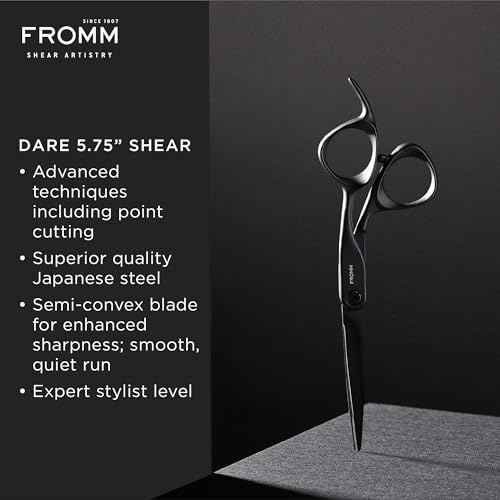 Fromm Dare 5.75" Precision Slide and Point Hair Cutting Shears with Semi-Convex Blade for Expert Salon Stylists, Matte Black Japanese Steel Scissors