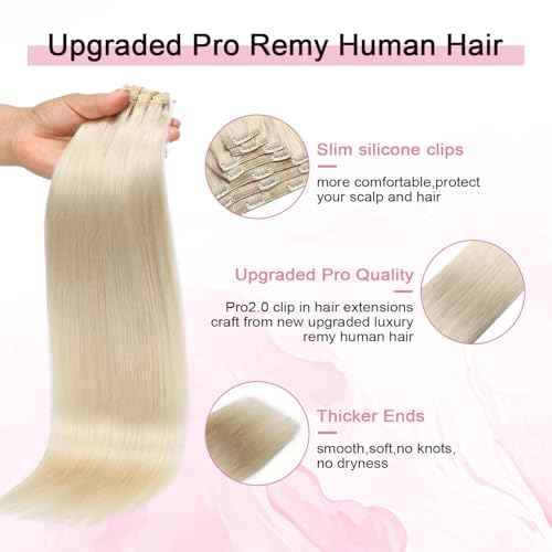 Pro2.0 Clip in Hair Extensions Real Human Hair 22inch 7pcs #60 Platinum Blonde Remy Real Hair Extensions Clip in Human Hair 120g Thick Double Weft for Women£¨#60-22inch£©