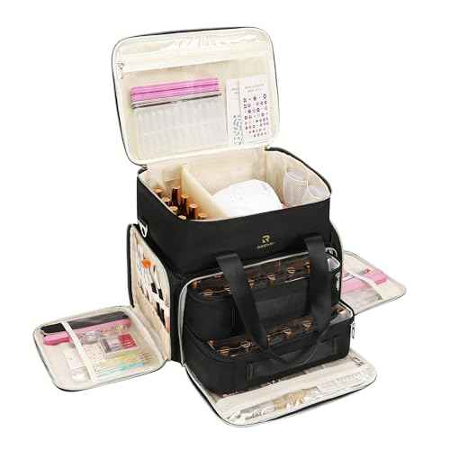 Relavel Nail Polish Organizer, Double Layer Nail Bag Holds 80-100 Bottles (15ml/0.5fl.oz) & Nail Lamp Nail Kit Storage Case, Extra Large Travel Nail Supplies Shoulder Bag for Manicure Tools (Black)
