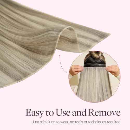GOO GOO Tape In Weft Hair Extensions Human Hair, Genius PU Long Weft Tape In Hair Extensions Real Human Hair, Silky Easy to Use, P17A/60A Ash Blonde Highlighted Platinum Blonde 22 inch 60g