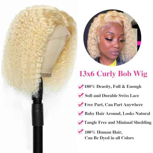 Blonde Bob Wig Human Hair 613 13x6 Lace Front Wig Human Hair Short Curly Bob Wigs for Black Woman Glueless Wigs Human Hair 613 Frontal Wigs Pre Plucked With Baby Hair180% Density (16 Inch)