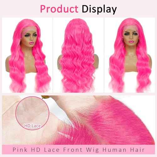 26 Inch Pink Wig Human Hair 13x4 Body Wave HD Lace Front Wigs Human Hair Pre Plucked 200 Density Human Hair Lace Front Wigs Colored Pink Frontal Wigs Human Hair