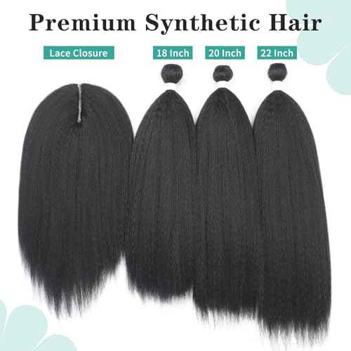 HANNE Kinky Straight Bundles with Lace Closure Yaki Long Straight Hair Bundle for Black Women Heat Resistant 3 Bundles with Closure Hair Extensions (18 20 22 Black)