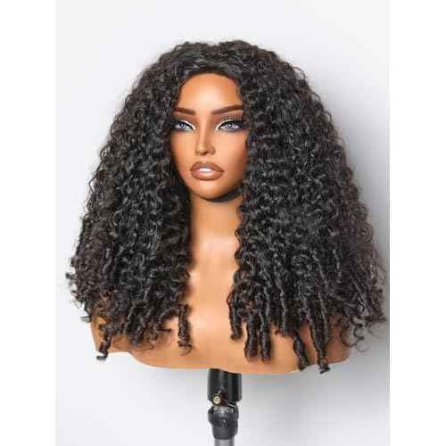 ASHINE Half Wig Human Hair Burmese Curly 180% Density Wear and Go Glueless Wig for Women Flip Over Natural Black 18 Inch with Clips and Drawstring