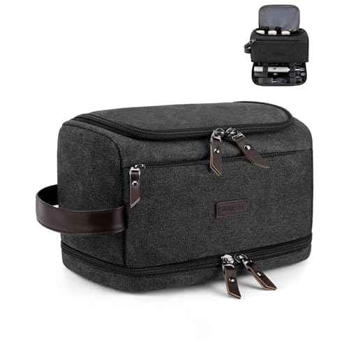 ZOMFELT Toiletry Bag for Men, Dual Layers Canvas Travel Toiletries Bag, Water-Resistant Travel Organizer with Elastic, Large Capacity Dopp Kit, Hanging Shaving Hygiene Bag, Black