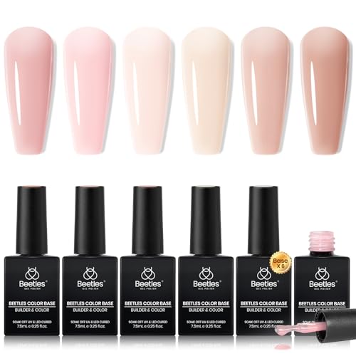 Beetles Rubber Base Gel Nail Polish, 6 Colors Nude Gel Polish Pink Peach Neutral Sheer French Tips Base Colors for Nails Base Flexible U V LED Soak Off Gel Kit for DIY Home Manicure Winter Nail Gifts