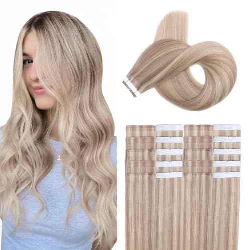 XDhair Tape in Hair Extensions Human Hair 50g 20pcs 18 Inch Color 18/613 Ash Blonde Highlight with Bleach Blonde Invisible Hair Extensions Tape in for Women(18P613,18Inch£©