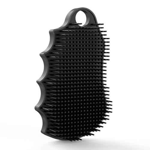 Silicone Body Scrubber Silver-Infused Dual-Sided 3-in-1 for Shower, Body Cleaning+Massage+Exfoliator Body Brush Buffer for Men and Women, Silicone Loofah, Non-Slip Handle (Black)
