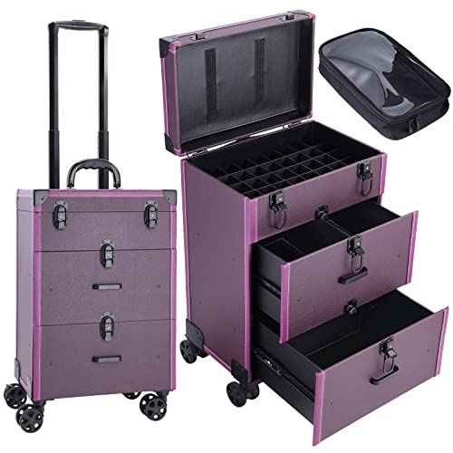 FRENESSA Rolling Nail Case Wheeled Manicure Storage Case Polish Organizer Professional Makeup Trolley for Studio or Travelling Nail Technician Artists Cosmetologist Stylist - Vegan Leather