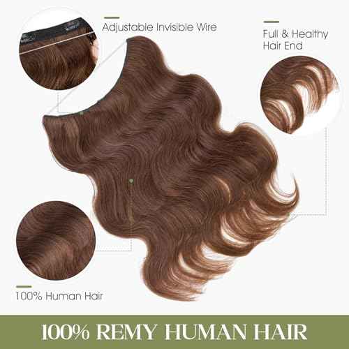 Halo Hair Extensions Real Human Hair Invisible Wire Extensions with Transparent Fish Line Wavy Curly Halo Clip in Human Hairpieces Medium Brown 18 Inch