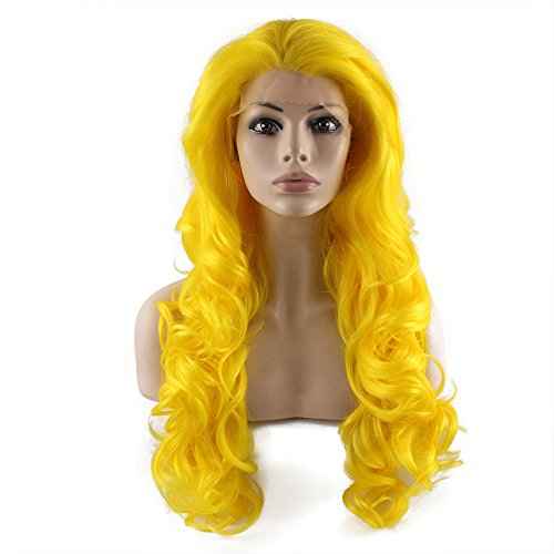 MX angel Long Wavy Celebrity Synthetic Lace Front Yellow Cosplay Party Wig