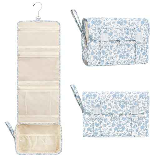 Hanging Toiletry Bag, Travel Toiletries Bag with Hanging Hook, Water Resistant Makeup Cosmetic Organizer for Full Sized Container, Shampoo, Portable Wash Bag for Travel Size Essentials - Blue Flower