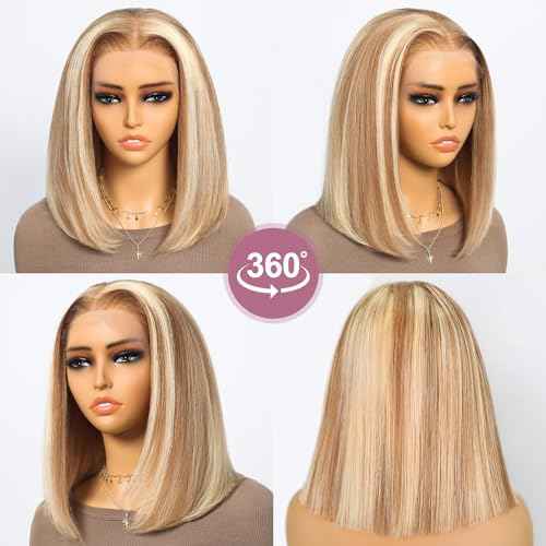 P12/613 Bob Wig Human Hair 13x4 Ready to Go Highlight 12A P12/613 Lace Front Wigs Human Hair 210% Density HD Lace Front Wig Pre Plucked (10inch, 13X4 Bob Wig)