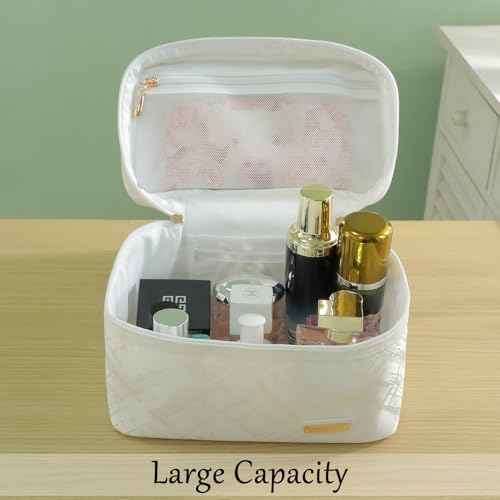 Richeart 3PC Makeup Bag Set, Cationic Jacquard Large Cosmetic Organizer, Back-Coated Solvent-Free Travel Toiletry Bag for Women - White