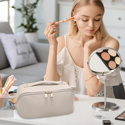 GOLF QUALITY Makeup Bag,White PU Large Travel Cosmetic Bag Pouch with Zipper,Water-resistent Cute Toiletry Bag with compartments Open Flat Make Up Organizer Case for Toiletries, Brushes