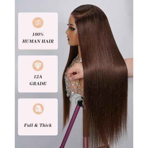 Wear and Go Glueless Wigs Human Hair Pre Cut 200% Density 5x5 HD Lace Closure Wigs Human Hair Pre Plucked with Baby Hair 12A Chocolate Brown Straight Lace Front Wig 4# 22 Inch