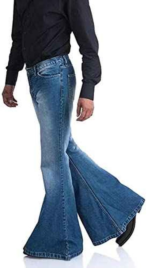Men's Relaxed Vintage 60s 70s Bell Bottom Stretch Fit Classic Comfort Flared Flares Retro Leg Disco Denim Jeans Pants (Bu, X-Large)