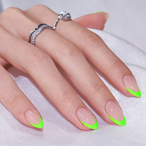 BTArtbox French Tip Press On Nails - Neow Green Press On Nails Short for St. Patrick's Day Gifts, Almond Stick On Nails, Glue On Nails in 16 Sizes - 30 Pcs Soft Gel Fake Nails Kit, Green French