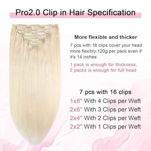 Pro2.0 Clip in Hair Extensions Real Human Hair 22inch 7pcs #60 Platinum Blonde Remy Real Hair Extensions Clip in Human Hair 120g Thick Double Weft for Women£¨#60-22inch£©