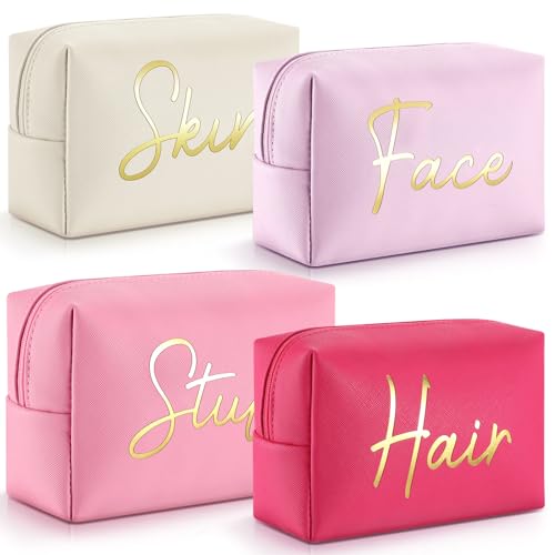 Aliceset 4 Pcs Preppy Makeup Bags Set Cute Makeup Pouchs Travel Cosmetic Bags Face Skin Hair Stuff Aesthetic Makeup Bags, PU Leather Waterproof Zipper Toiletry Pouch Gifts for Women Girl(Bright Pink)