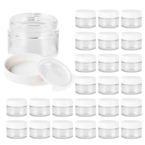 1oz Glass Jar with Lid, Hoa Kinh 25Pack Clear Round Containers Cosmetic Glass Jars with Inner Liners and White Lids Travel Jars for Storing Lip and Body Scrub, Lotion, Body Butter, Bath Salts, Liquid