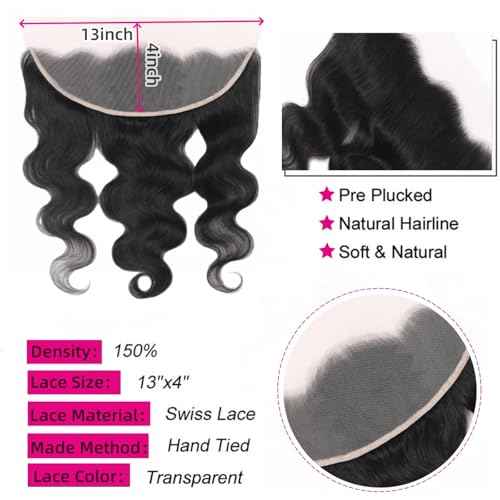 13 x 4 Lace Frontal Closure Body Wave Ear to Ear HD Lace Frontal Pre Plucked 100% Remy Human Hair Free Part 150% Density (13x4 lace closure, 18inch)